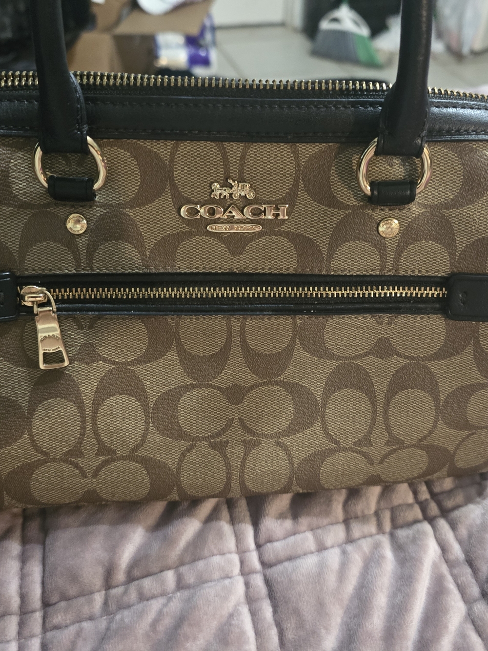 Coach Brown Signature Canvas Satchel with Black Trim